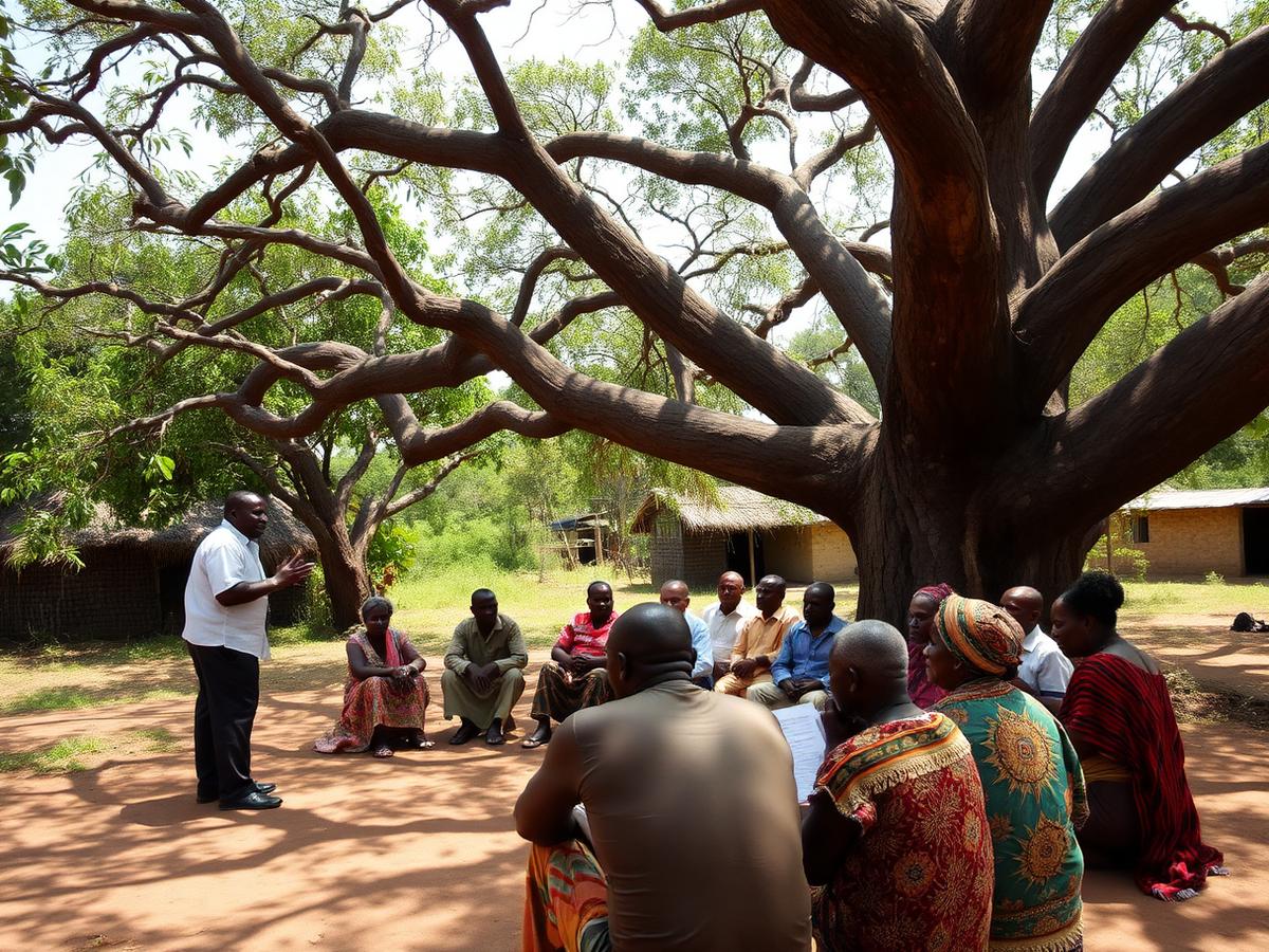 A CEMASUDEV facilitator addressing community members and elders under a tree
