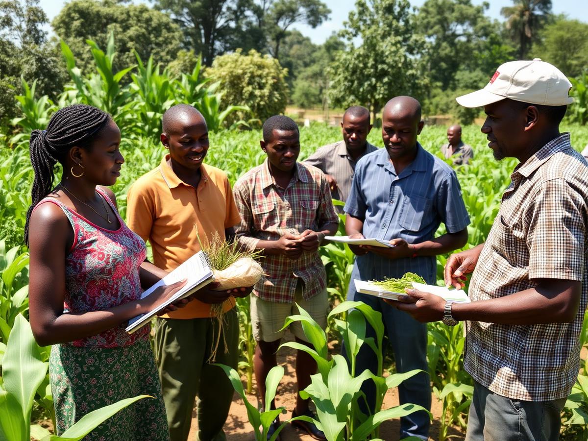 Farmers learning climate-smart agriculture techniques in a field