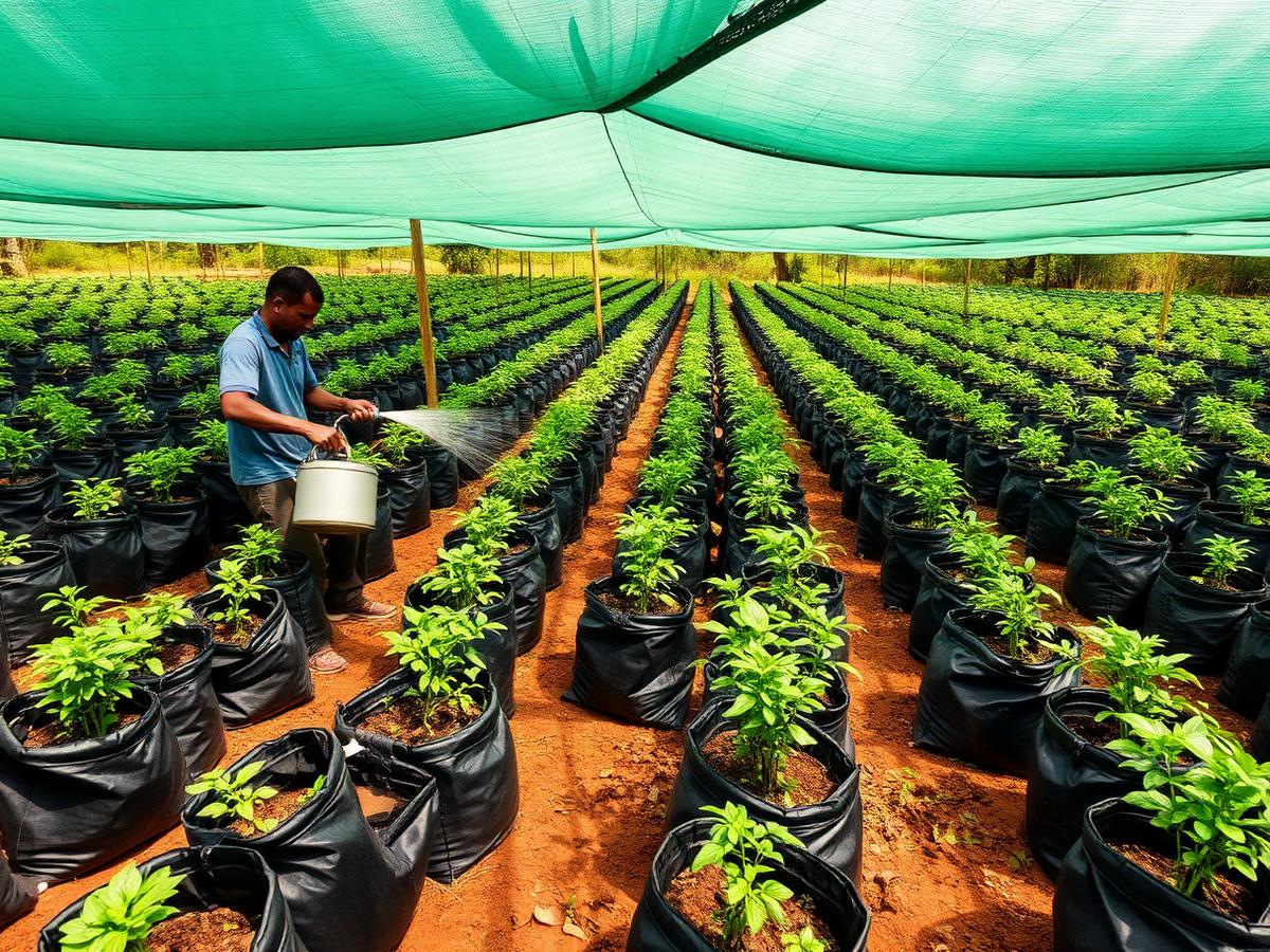 Rows of indigenous tree seedlings growing in a community nursery
