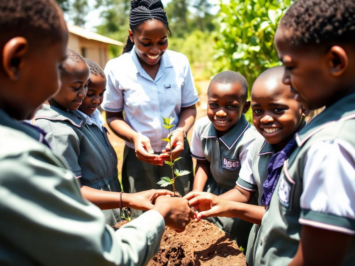 School pupils planting a seedling as part of an environmental club
