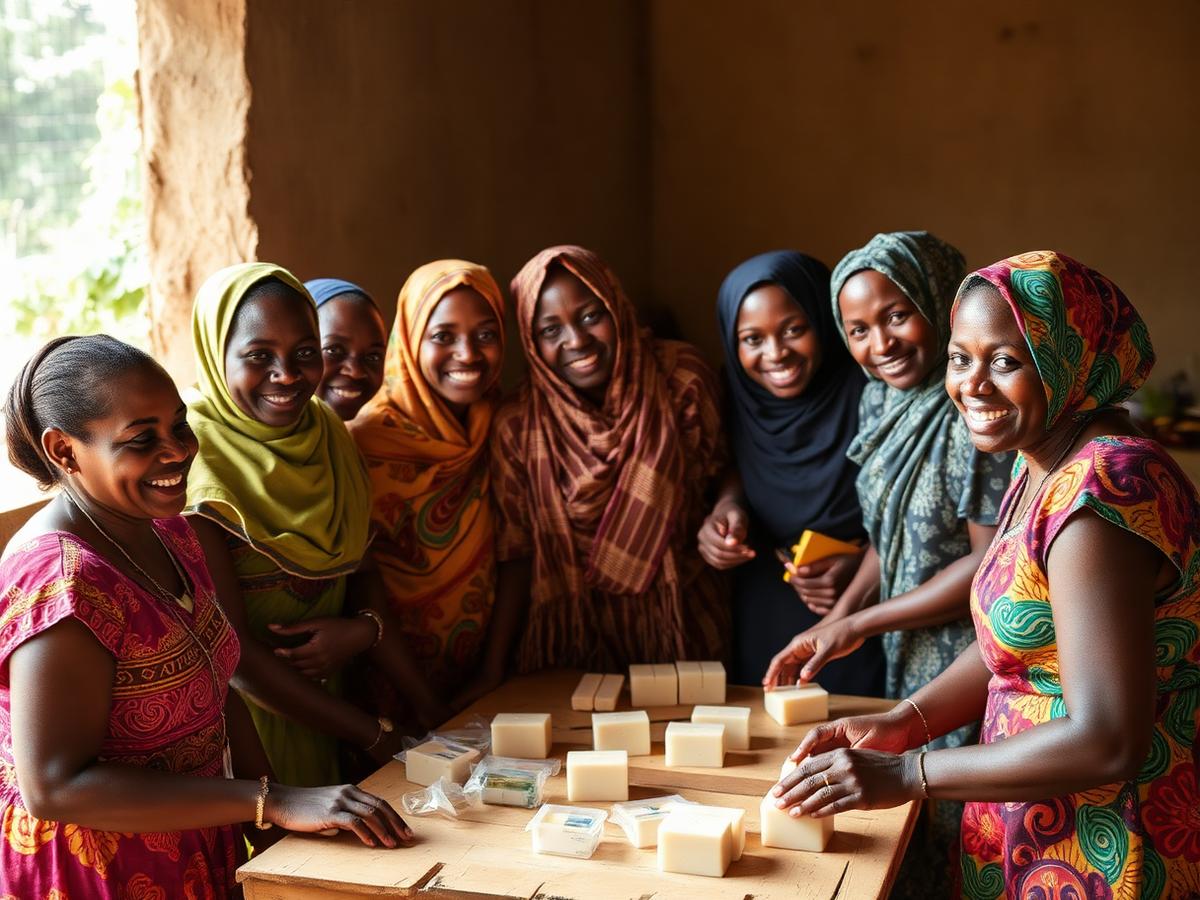 Women producing goods together in a livelihood enterprise workshop